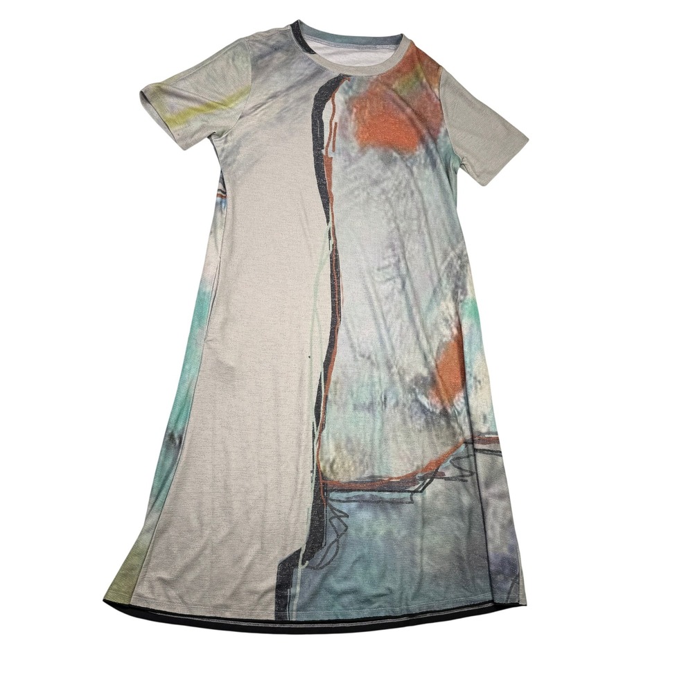 3 Potato Art to Wear Lagenlook Abstract Midi Dress Casual Short Sleeve A-Line XS - Picture 2 of 6